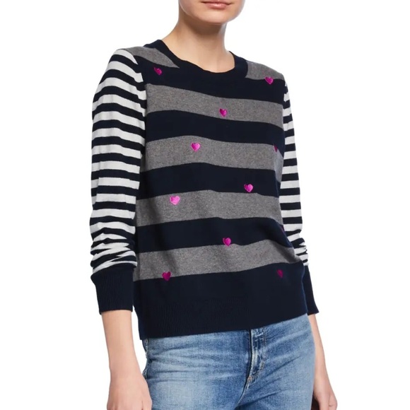 Lisa Todd Skip A Beat Multi-Stripe Cotton Cashmere Sweater w/ Embroidered Hearts - Picture 1 of 8